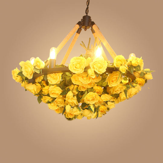 Lustre rond vintage à 6 lampes en fer avec corde de chanvre, jaune/rose/rose clair
