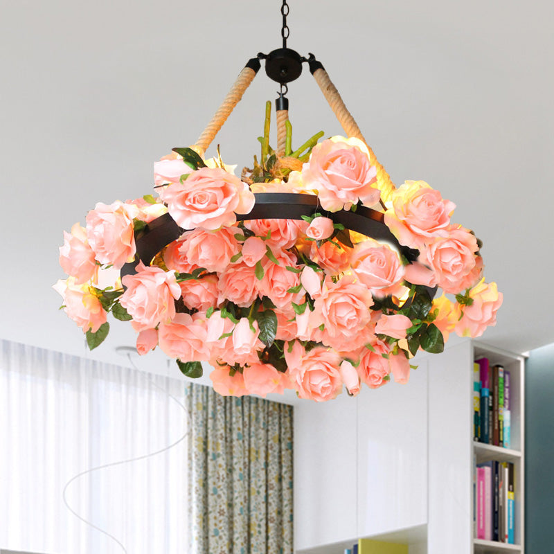 Lustre rond vintage à 6 lampes en fer avec corde de chanvre, jaune/rose/rose clair