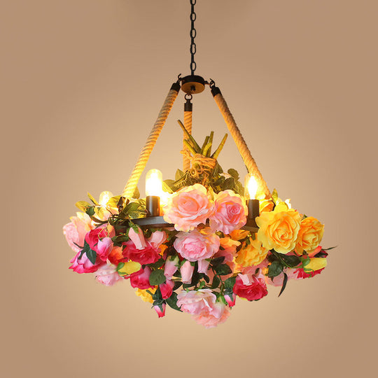 Lustre rond vintage à 6 lampes en fer avec corde de chanvre, jaune/rose/rose clair