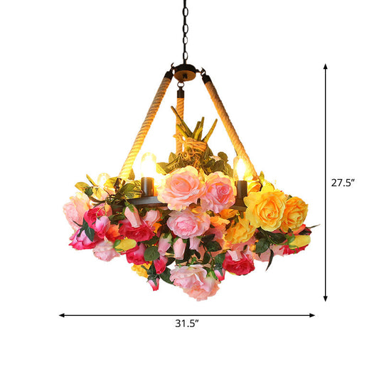 Lustre rond vintage à 6 lampes en fer avec corde de chanvre, jaune/rose/rose clair