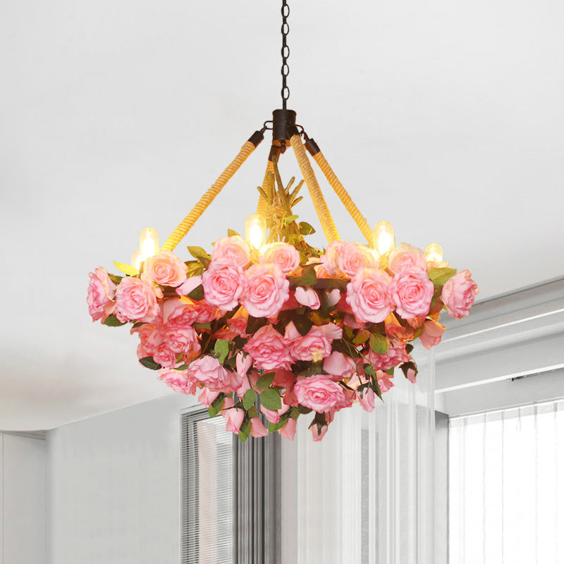 Lustre rond vintage à 6 lampes en fer avec corde de chanvre, jaune/rose/rose clair
