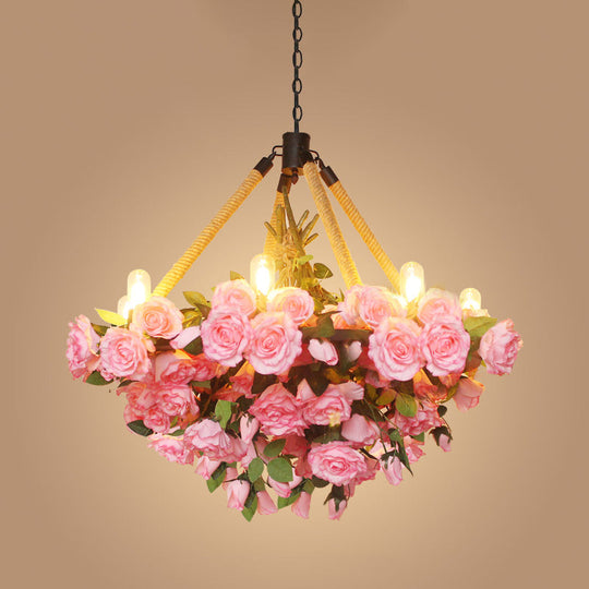 Lustre rond vintage à 6 lampes en fer avec corde de chanvre, jaune/rose/rose clair