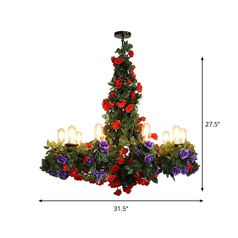 Lustre rétro en fer vert avec 10 ampoules - Ampoule exposée et design suspendu pour l'éclairage des restaurants