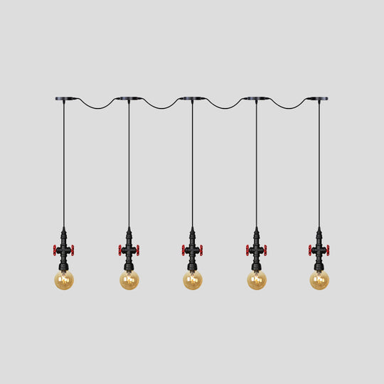 Antiqued Sphere Multi Light Chandelier with Amber Glass Pendant - LED Suspension in Black (3/5/7-Bulb)