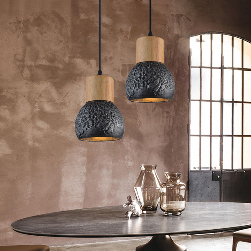 Plafonnier industriel en ciment noir/gris/marron avec dôme en bois et motif papillon - Lampe suspendue pour chambre à coucher