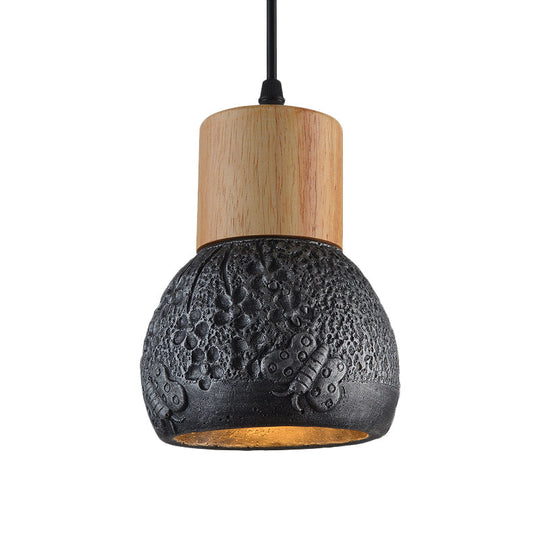 Plafonnier industriel en ciment noir/gris/marron avec dôme en bois et motif papillon - Lampe suspendue pour chambre à coucher