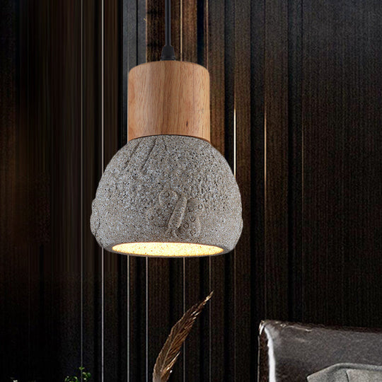 Plafonnier industriel en ciment noir/gris/marron avec dôme en bois et motif papillon - Lampe suspendue pour chambre à coucher