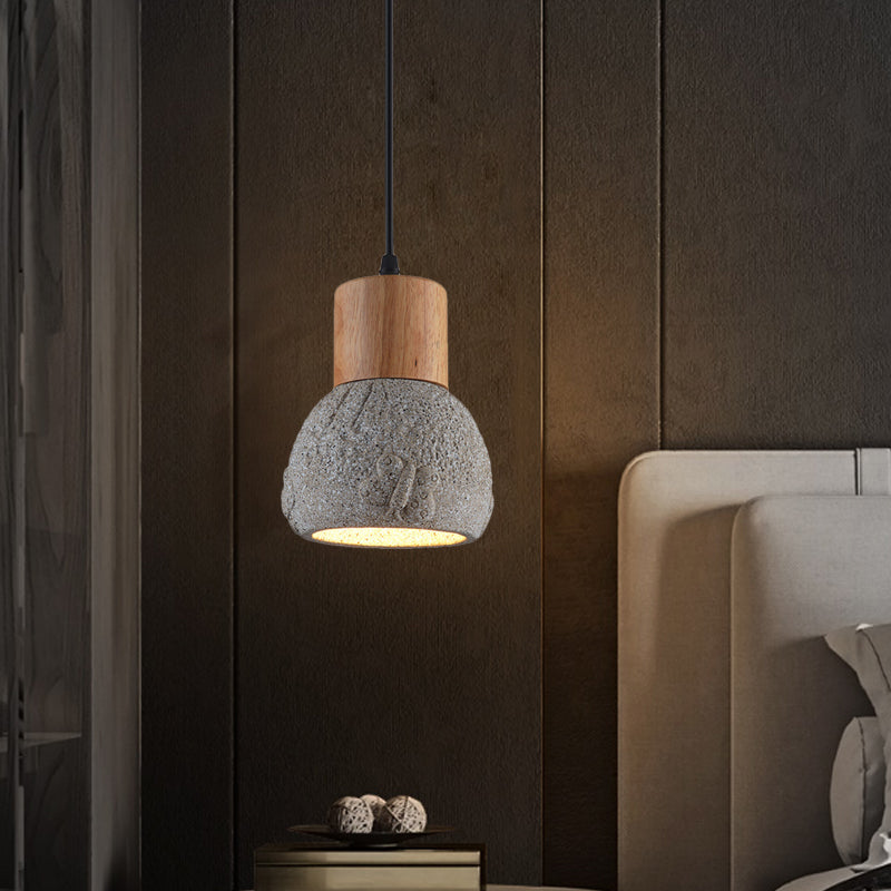 Plafonnier industriel en ciment noir/gris/marron avec dôme en bois et motif papillon - Lampe suspendue pour chambre à coucher
