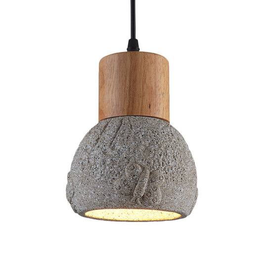Plafonnier industriel en ciment noir/gris/marron avec dôme en bois et motif papillon - Lampe suspendue pour chambre à coucher