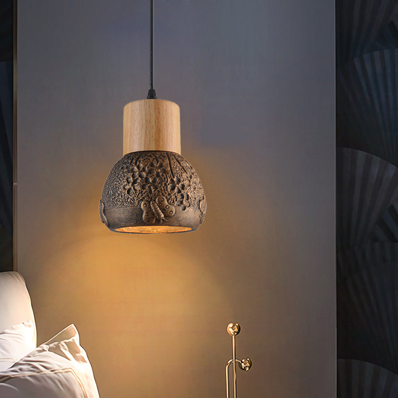 Plafonnier industriel en ciment noir/gris/marron avec dôme en bois et motif papillon - Lampe suspendue pour chambre à coucher