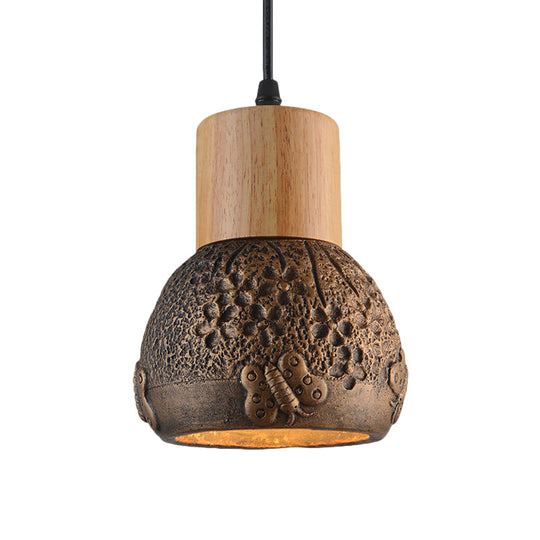 Plafonnier industriel en ciment noir/gris/marron avec dôme en bois et motif papillon - Lampe suspendue pour chambre à coucher