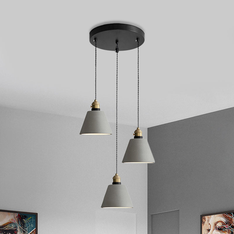 Lampe suspendue industrielle en forme de cône/cloche/tambour en ciment - Plafonnier multiple à 3 têtes - Gris - Différentes options de hauteur (3"/5"/6")