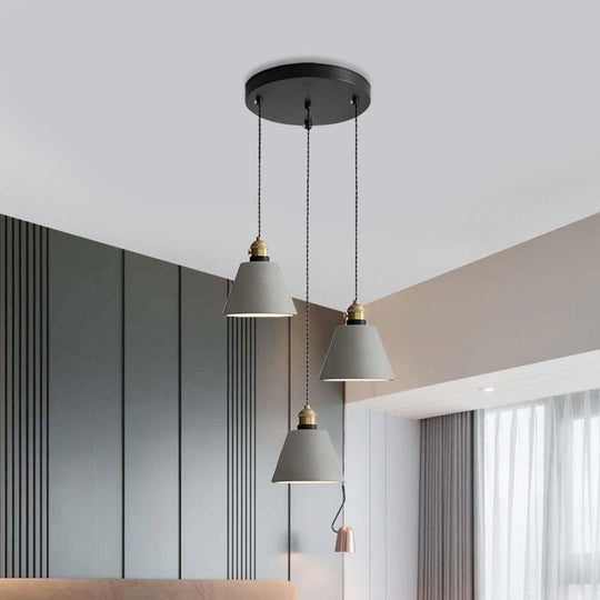 Lampe suspendue industrielle en forme de cône/cloche/tambour en ciment - Plafonnier multiple à 3 têtes - Gris - Différentes options de hauteur (3"/5"/6")