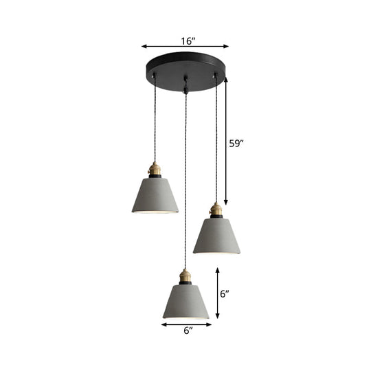 Lampe suspendue industrielle en forme de cône/cloche/tambour en ciment - Plafonnier multiple à 3 têtes - Gris - Différentes options de hauteur (3"/5"/6")