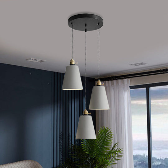 Lampe suspendue industrielle en forme de cône/cloche/tambour en ciment - Plafonnier multiple à 3 têtes - Gris - Différentes options de hauteur (3"/5"/6")