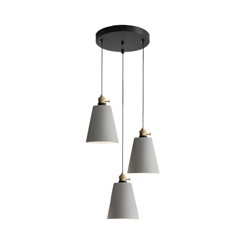 Lampe suspendue industrielle en forme de cône/cloche/tambour en ciment - Plafonnier multiple à 3 têtes - Gris - Différentes options de hauteur (3"/5"/6")