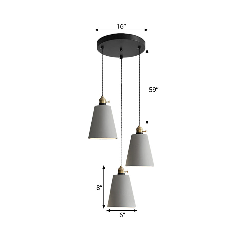 Lampe suspendue industrielle en forme de cône/cloche/tambour en ciment - Plafonnier multiple à 3 têtes - Gris - Différentes options de hauteur (3"/5"/6")