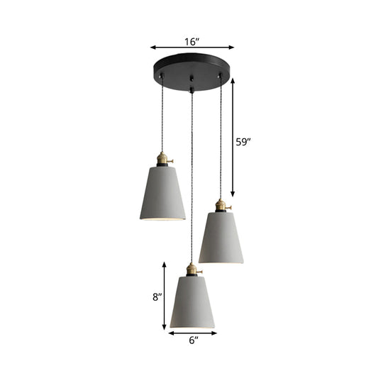 Lampe suspendue industrielle en forme de cône/cloche/tambour en ciment - Plafonnier multiple à 3 têtes - Gris - Différentes options de hauteur (3"/5"/6")