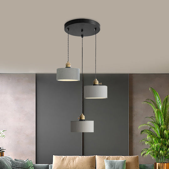 Lampe suspendue industrielle en forme de cône/cloche/tambour en ciment - Plafonnier multiple à 3 têtes - Gris - Différentes options de hauteur (3"/5"/6")