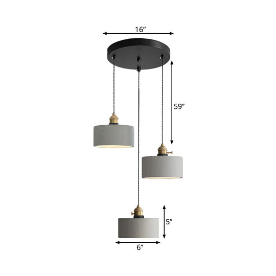 Lampe suspendue industrielle en forme de cône/cloche/tambour en ciment - Plafonnier multiple à 3 têtes - Gris - Différentes options de hauteur (3"/5"/6")