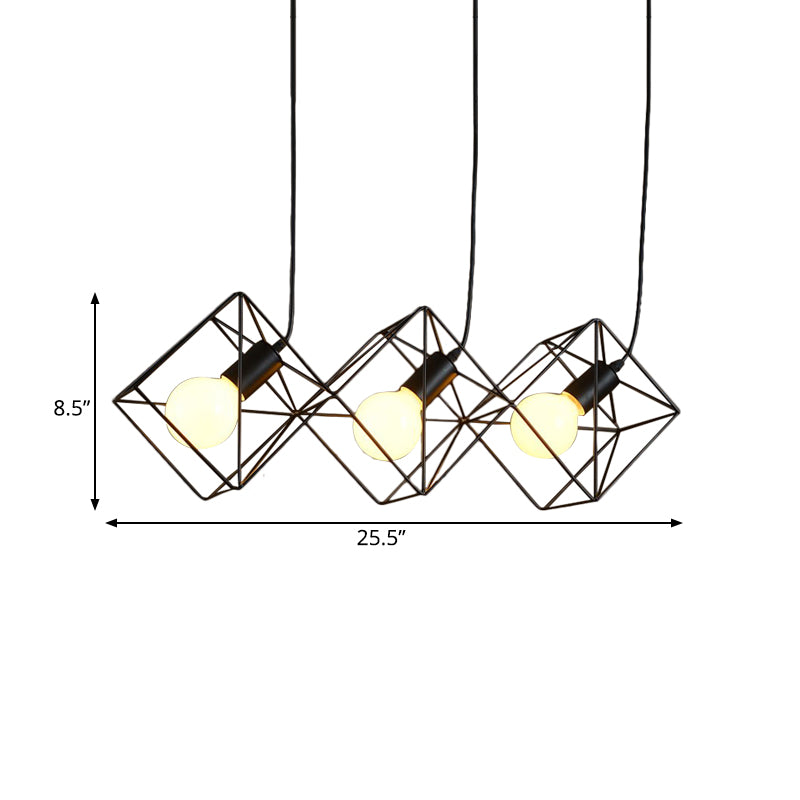 Lampe à suspension en forme de cage cubique noire en fer - Style industriel avec 3 ampoules, plusieurs suspensions