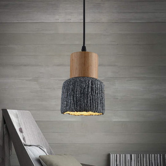 Plafonnier en forme de coupe vieillie : lampe suspendue en ciment (1 tête) - Argent/noir/bronze avec accents en bois