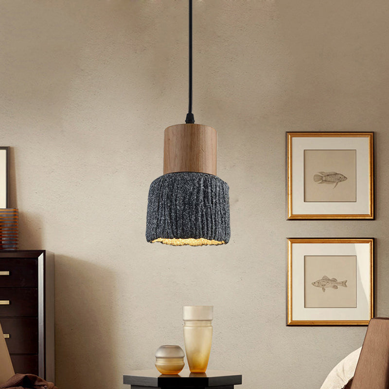 Plafonnier en forme de coupe vieillie : lampe suspendue en ciment (1 tête) - Argent/noir/bronze avec accents en bois