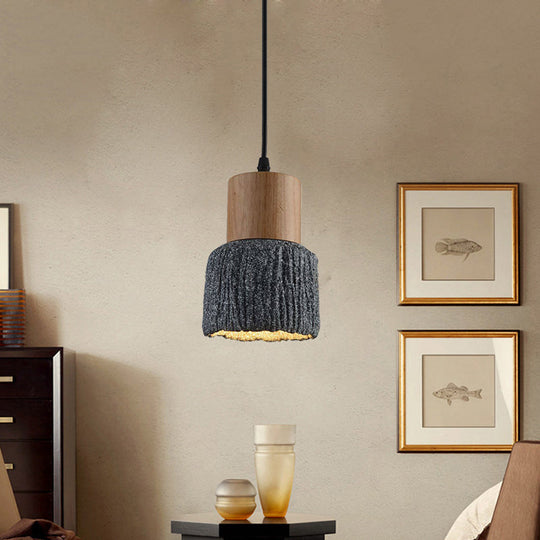 Plafonnier en forme de coupe vieillie : lampe suspendue en ciment (1 tête) - Argent/noir/bronze avec accents en bois