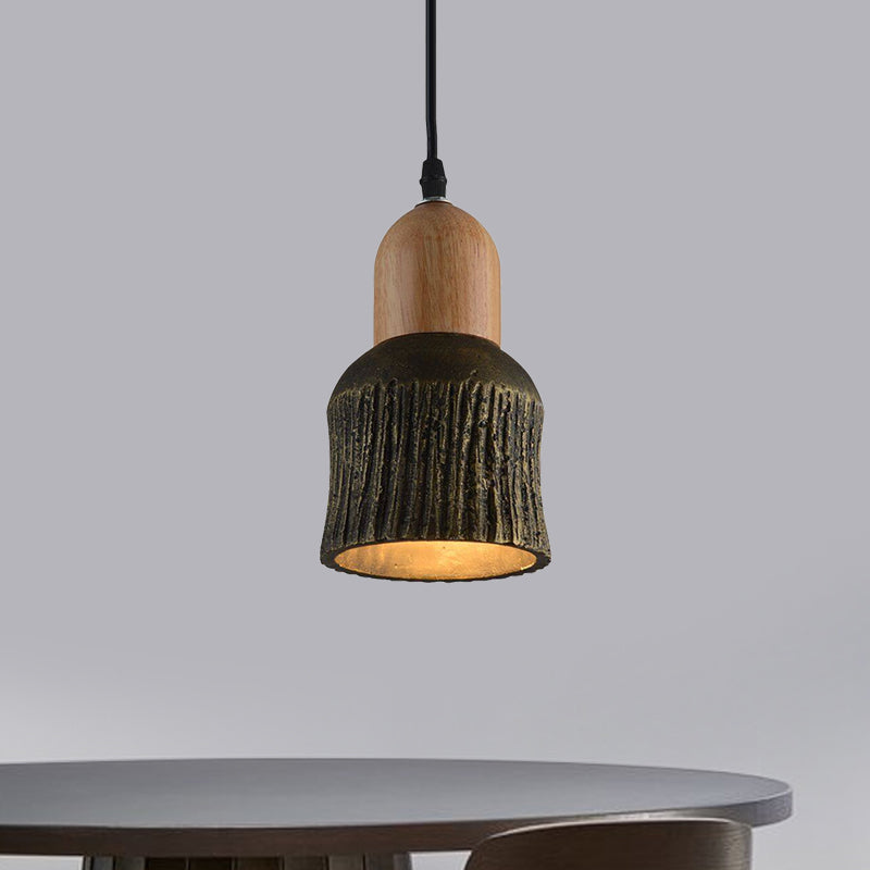 Plafonnier en forme de coupe vieillie : lampe suspendue en ciment (1 tête) - Argent/noir/bronze avec accents en bois