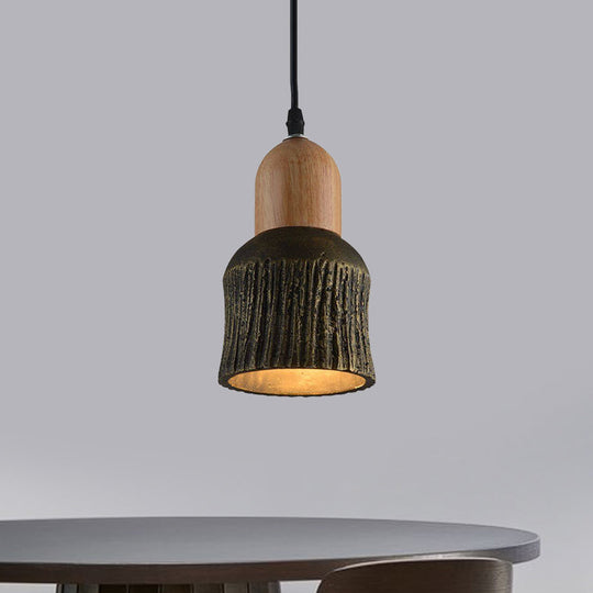 Plafonnier en forme de coupe vieillie : lampe suspendue en ciment (1 tête) - Argent/noir/bronze avec accents en bois