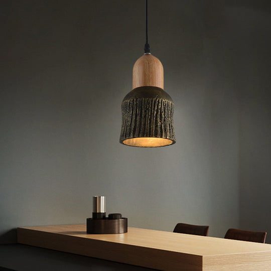 Plafonnier en forme de coupe vieillie : lampe suspendue en ciment (1 tête) - Argent/noir/bronze avec accents en bois