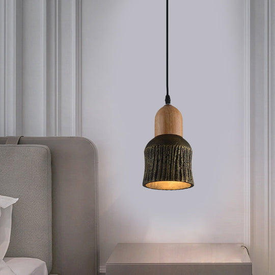 Plafonnier en forme de coupe vieillie : lampe suspendue en ciment (1 tête) - Argent/noir/bronze avec accents en bois