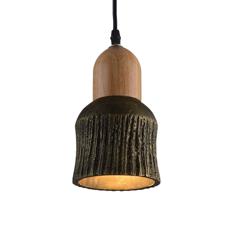 Plafonnier en forme de coupe vieillie : lampe suspendue en ciment (1 tête) - Argent/noir/bronze avec accents en bois