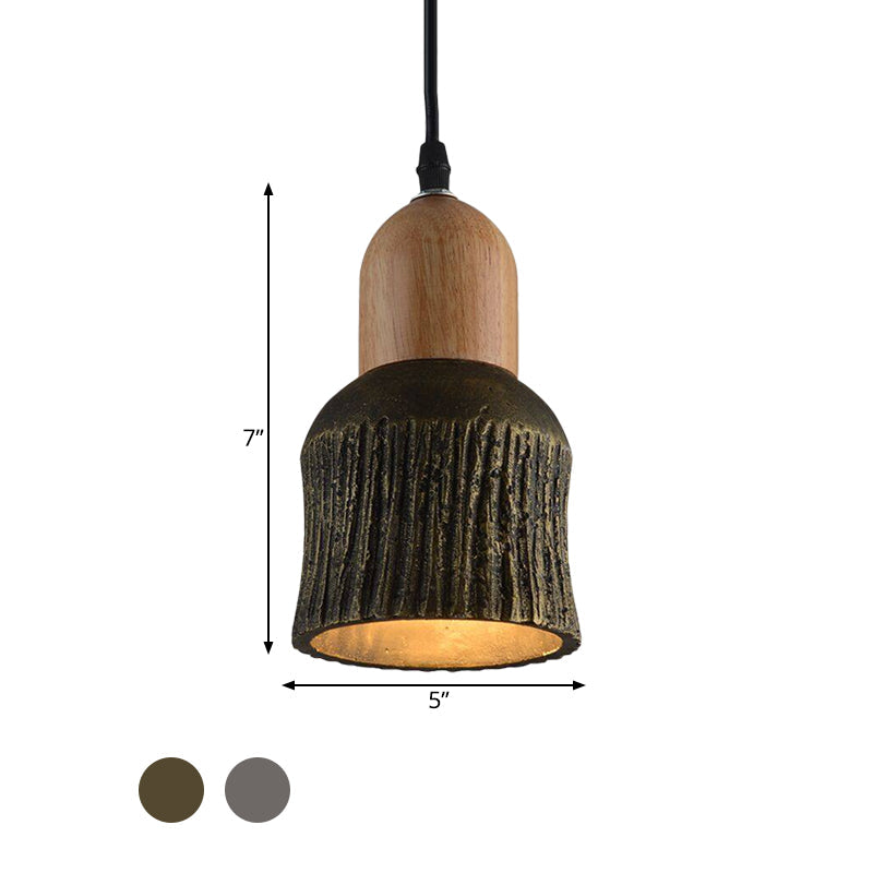 Plafonnier en forme de coupe vieillie : lampe suspendue en ciment (1 tête) - Argent/noir/bronze avec accents en bois