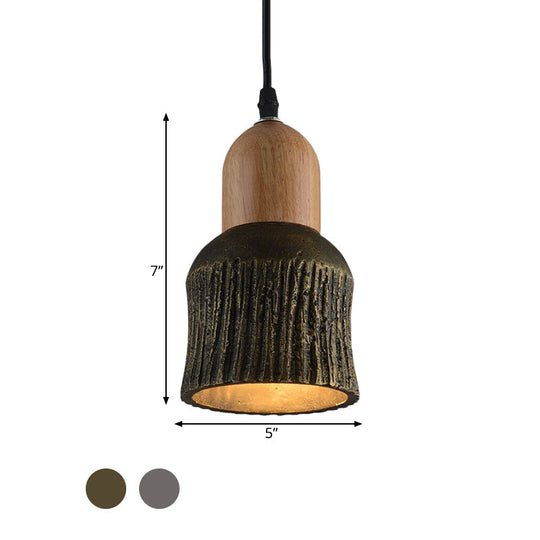 Plafonnier en forme de coupe vieillie : lampe suspendue en ciment (1 tête) - Argent/noir/bronze avec accents en bois