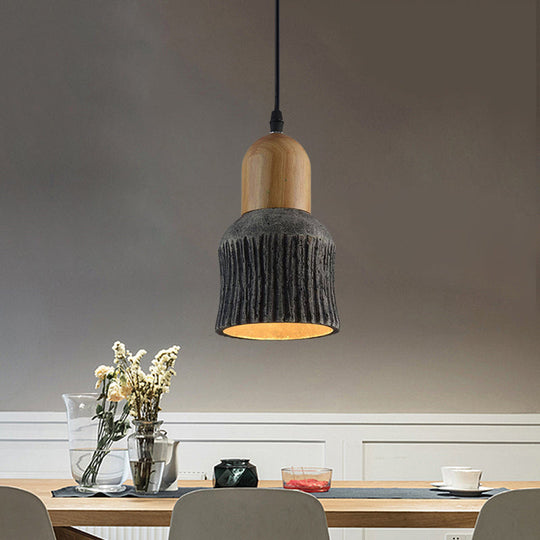 Plafonnier en forme de coupe vieillie : lampe suspendue en ciment (1 tête) - Argent/noir/bronze avec accents en bois