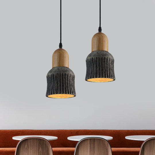 Plafonnier en forme de coupe vieillie : lampe suspendue en ciment (1 tête) - Argent/noir/bronze avec accents en bois