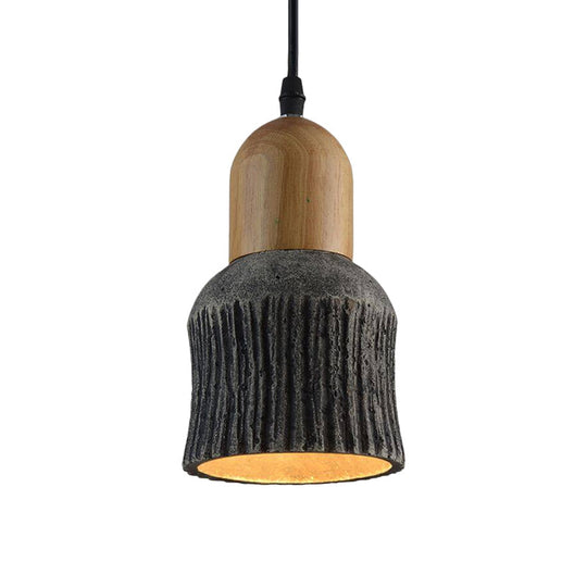 Plafonnier en forme de coupe vieillie : lampe suspendue en ciment (1 tête) - Argent/noir/bronze avec accents en bois
