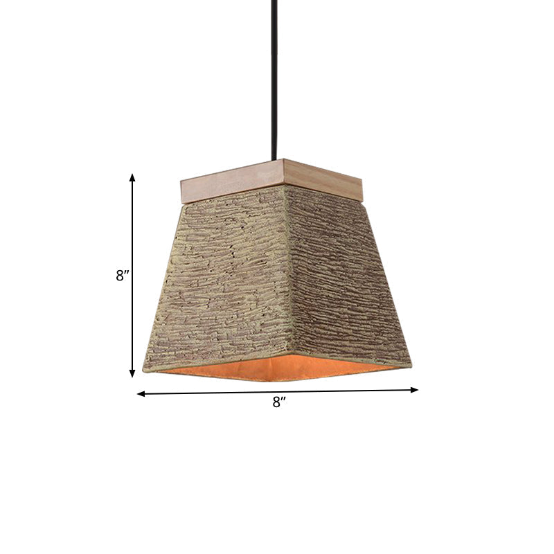 Lampe suspendue trapézoïdale vintage en ciment avec plateau en bois - Luminaire de plafond marron
