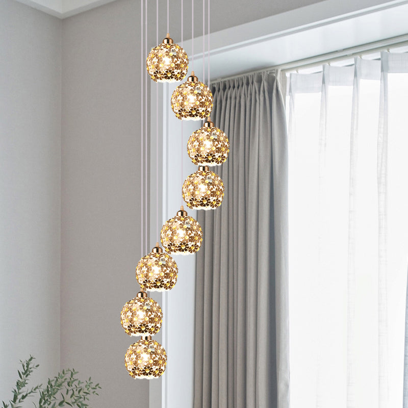 Modern Metallic Ceiling Light with Amber Crystal Accent - 5/8 Heads Multi Light Kit