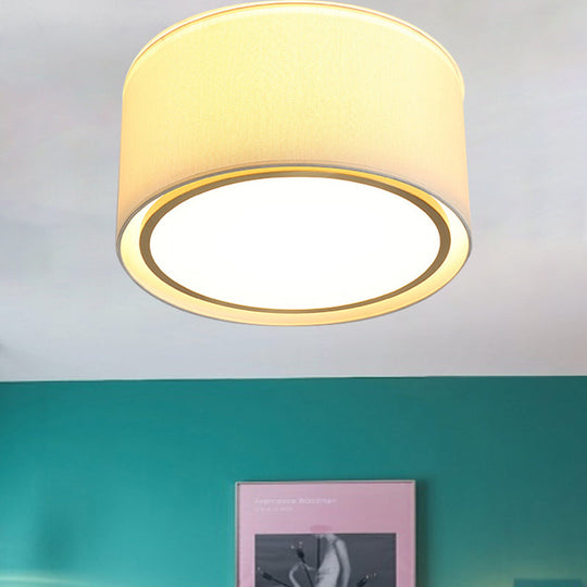 Modern 4-Light 2-Shade Fabric Drum Flush Mount Ceiling Fixture for Bedroom in White
