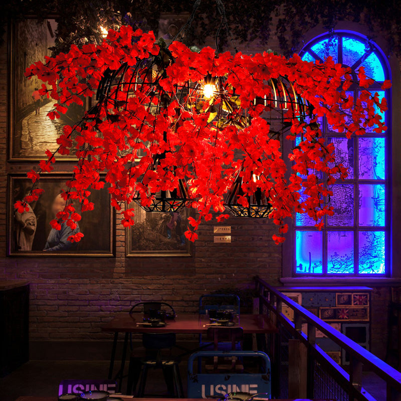 Red Metal Island Ceiling Light With Diamond Cage - 3-Head Industrial Suspension Lamp