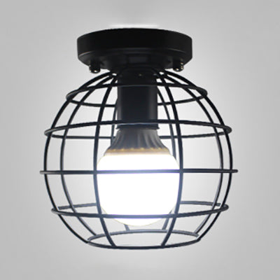 Retro-Style Globe Cage Metal Ceiling Light with 1 Light and Flush-Mount Design in Black/White