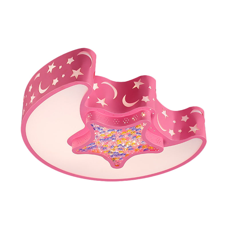 Contemporary LED Flush Pendant Light for Bedroom - Ceiling Mounted Fixture with Moon and Star Design - Acrylic White/Pink/Blue