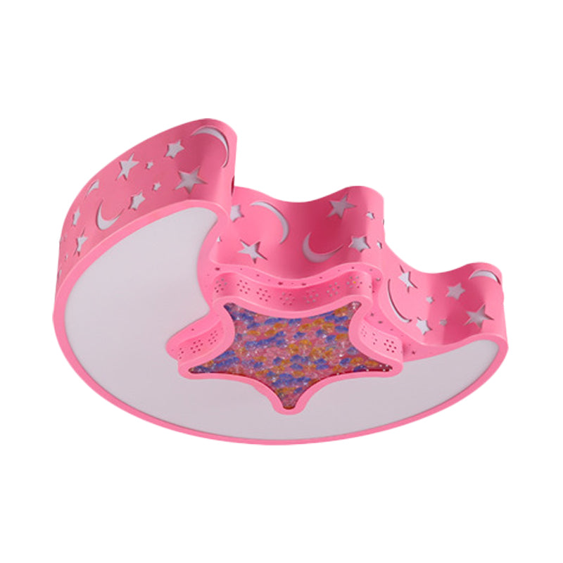 Contemporary LED Flush Pendant Light for Bedroom - Ceiling Mounted Fixture with Moon and Star Design - Acrylic White/Pink/Blue