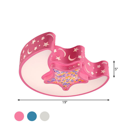 Contemporary LED Flush Pendant Light for Bedroom - Ceiling Mounted Fixture with Moon and Star Design - Acrylic White/Pink/Blue