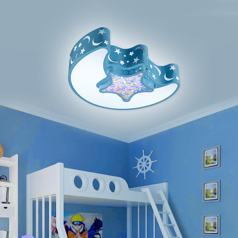 Contemporary LED Flush Pendant Light for Bedroom - Ceiling Mounted Fixture with Moon and Star Design - Acrylic White/Pink/Blue