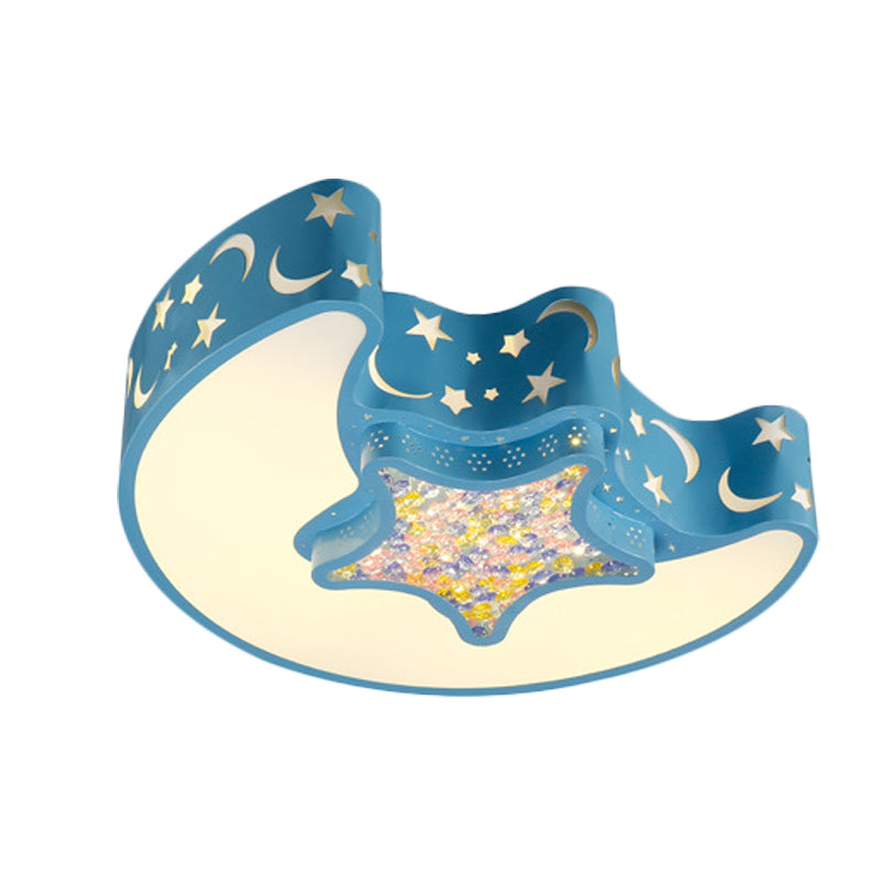 Contemporary LED Flush Pendant Light for Bedroom - Ceiling Mounted Fixture with Moon and Star Design - Acrylic White/Pink/Blue