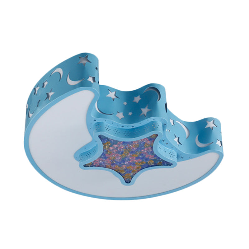 Contemporary LED Flush Pendant Light for Bedroom - Ceiling Mounted Fixture with Moon and Star Design - Acrylic White/Pink/Blue