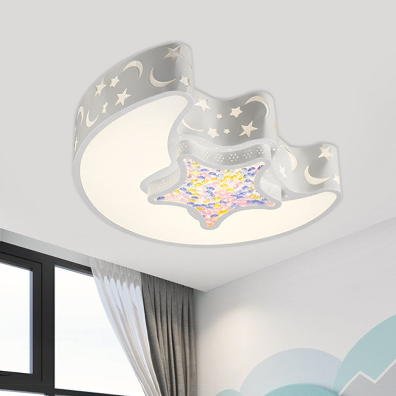 Contemporary LED Flush Pendant Light for Bedroom - Ceiling Mounted Fixture with Moon and Star Design - Acrylic White/Pink/Blue